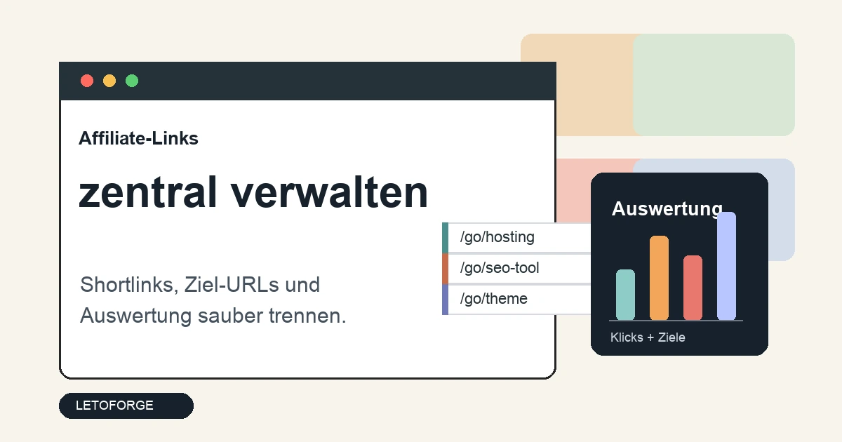 Ilustration zur Affiliate-Link-Verwaltung mit Shortlinks, Ziel-URLs und Auswertungs-Dashboard