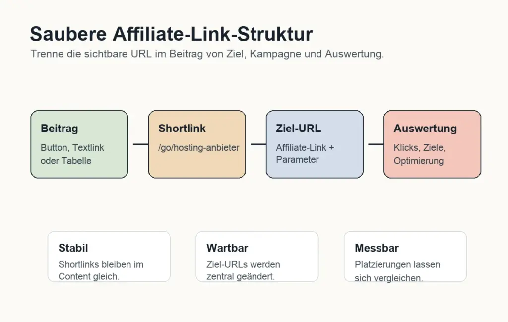 Schaubild der Affiliate-Link-Struktur mit Beitrag, Shortlink, Ziel-URL und Auswertung sowie Eigenschaften stabil, wartbar und