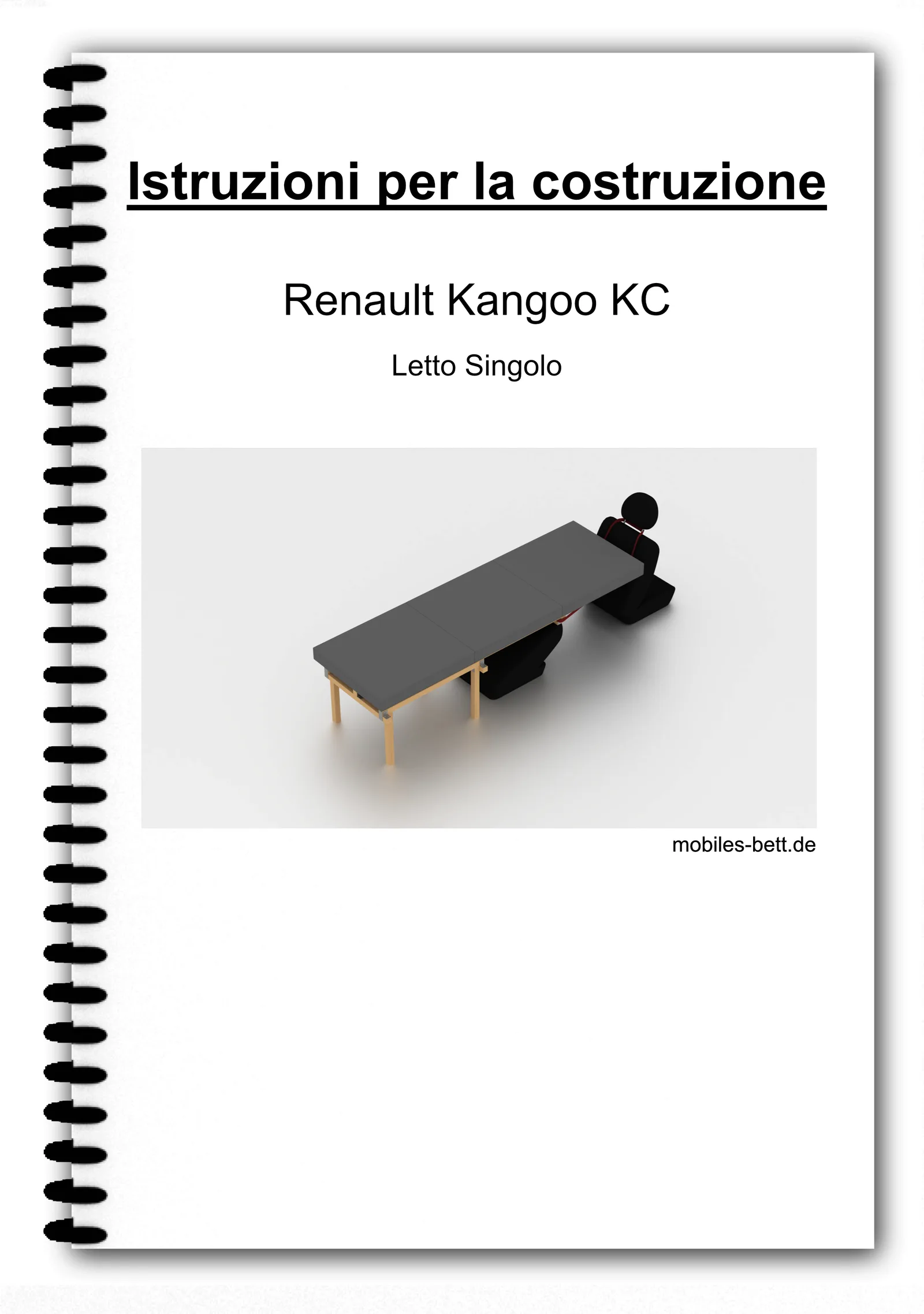 Cover einer italienischen Bauanleitung für ein Einzelbett im Renault Kangoo KC mit spiralgebundener Bindung