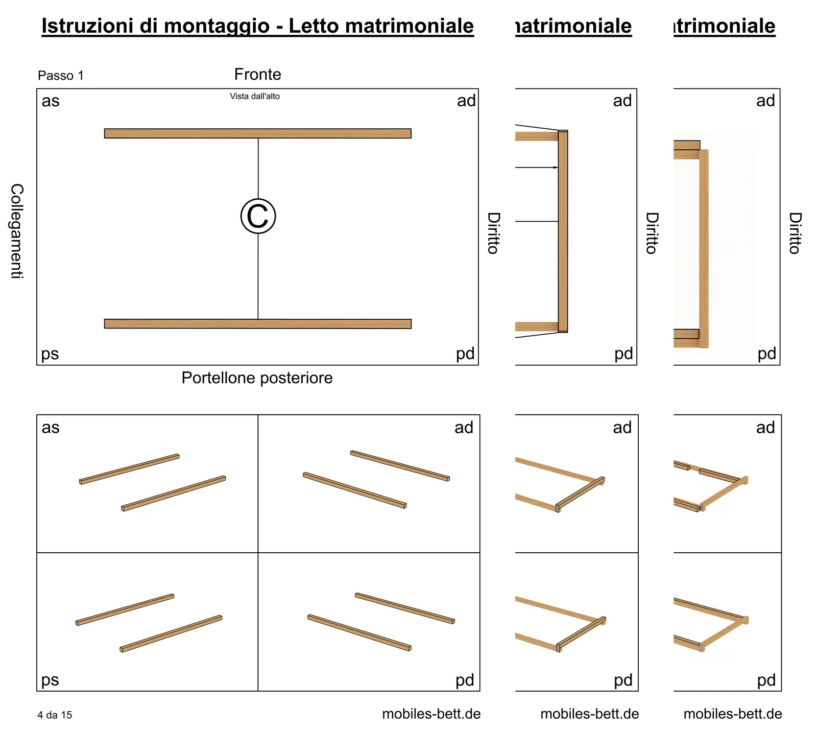 Italienische Bauanleitung Schritt 1 für Doppelbett mit technischen Zeichnungen von Rahmenelementen und Seitenteilen