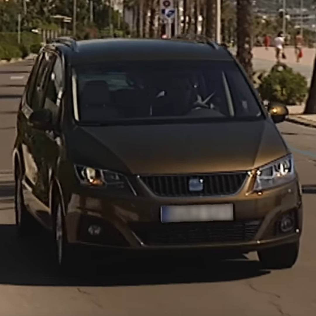 Seat Alhambra I, braun-goldenes Minivan-Auto mit offener Tür auf sonniger Straße mit Grünfläche