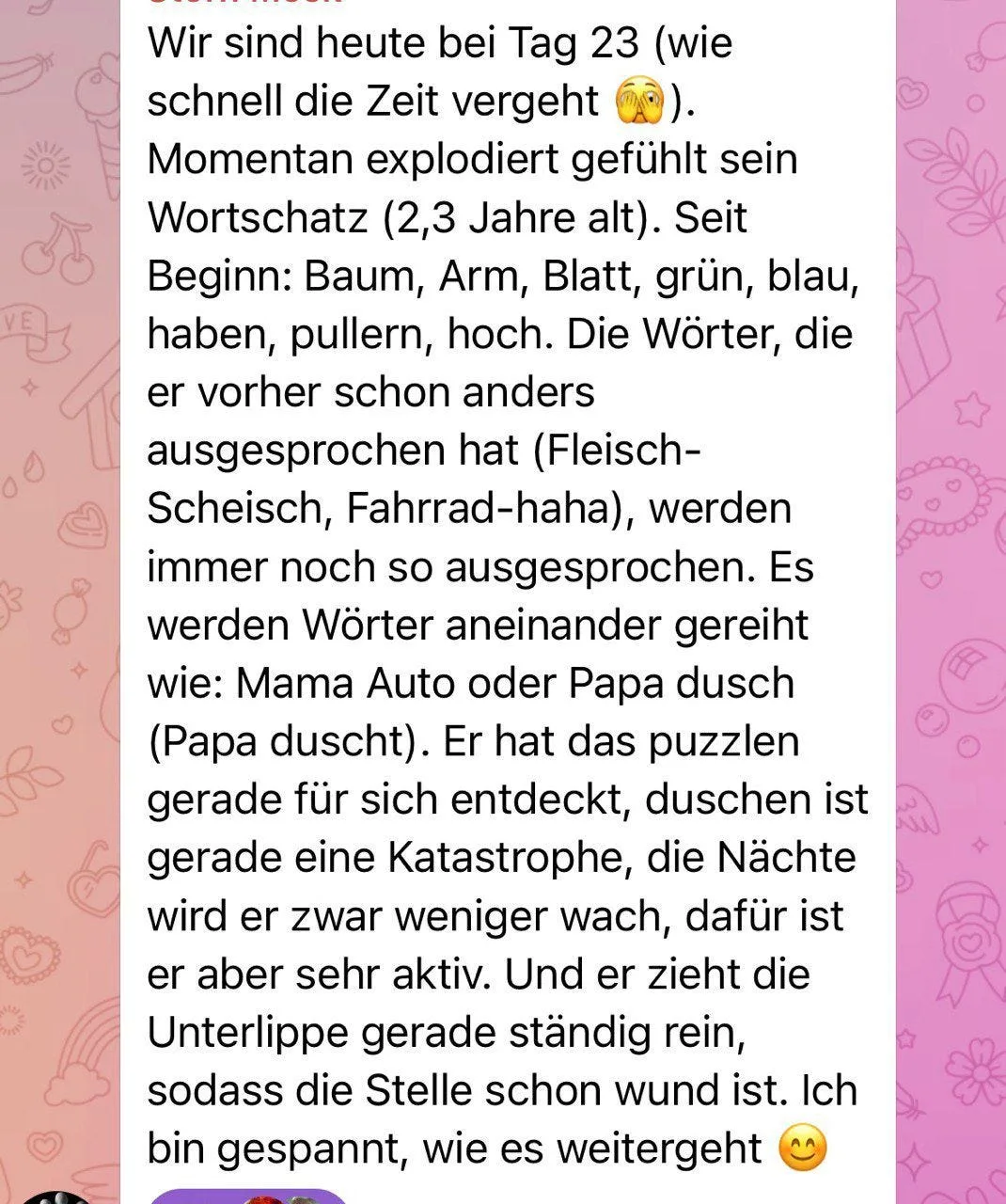 Kundenbewertung zur Sprachentwicklung eines Kleinkindes, Tag 23 mit Wortschatz-Explosion