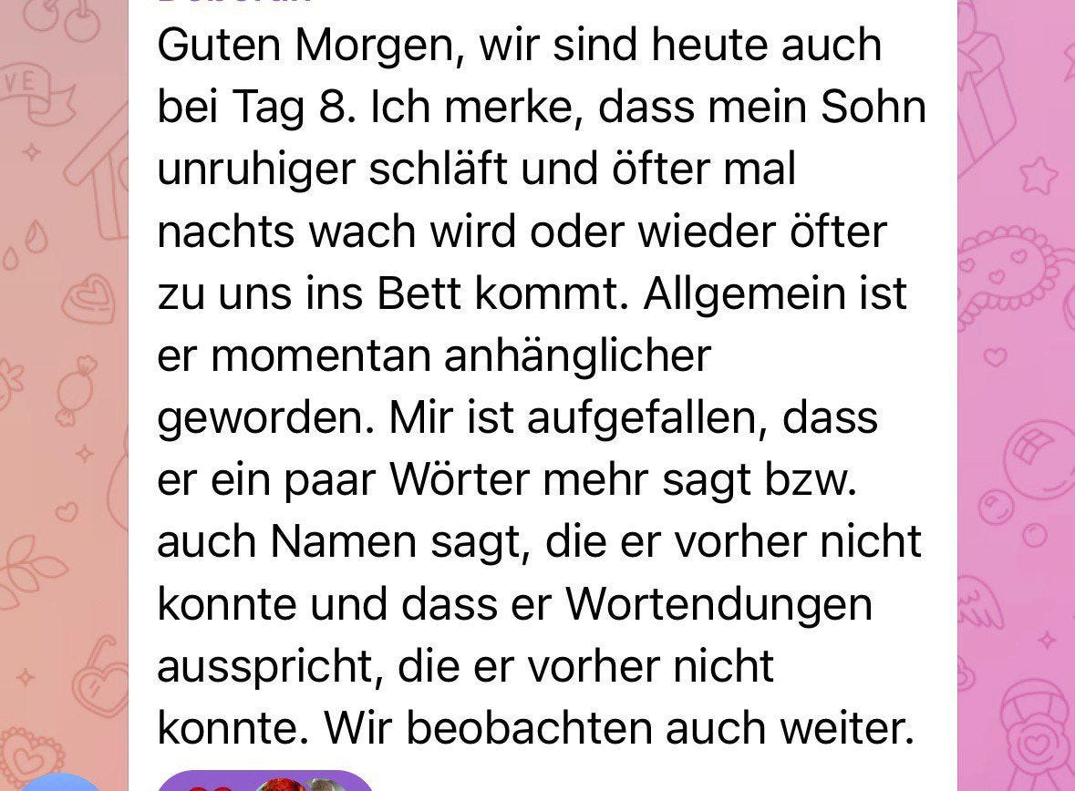Kundenbewertung zur Sprachentwicklung eines Kleinkindes, Tag 8 der Lexosleep-Anwendung