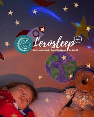 Lexosleep Plus Hero-Bild mit schlafendem Kind und goldenen Sternen Dekoration
