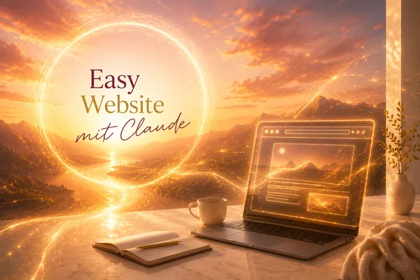 Easy Website mit Claude – Grafik mit Laptop, Sonnenuntergang und goldenem Lichteffekt auf orangenem Hintergrund