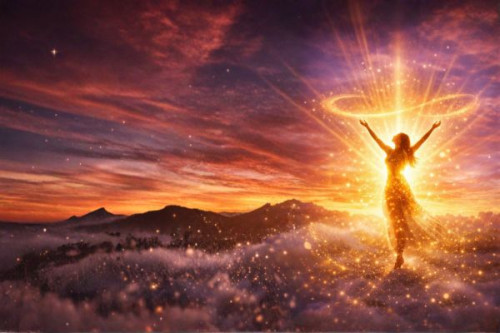 LichtImpuls Circle – Leuchtende Frauenfigur vor Sonnenaufgang und Bergkulisse mit Energiestrahlen