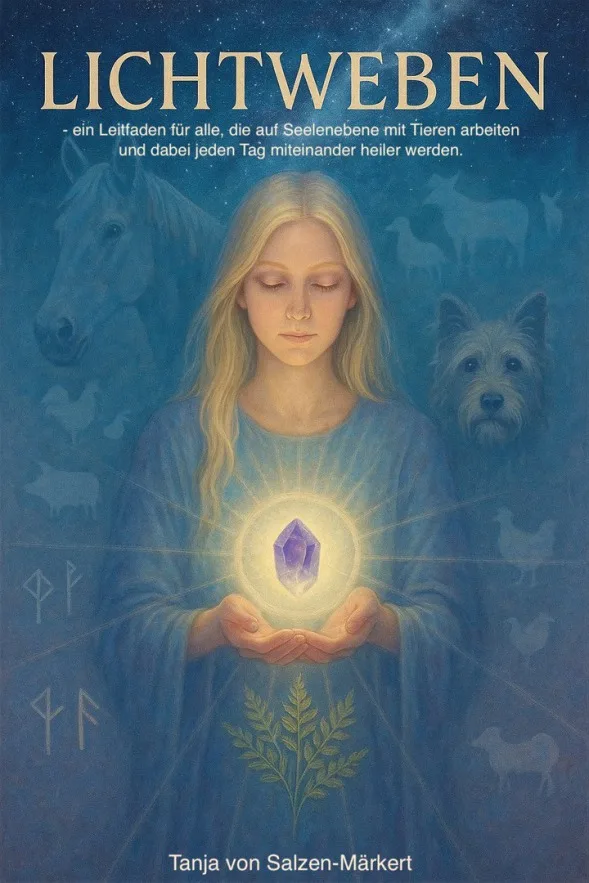 Cover Lichtweben von Tanja von Salzen-Märkert mit Frau, leuchtendem Kristall und Tieren