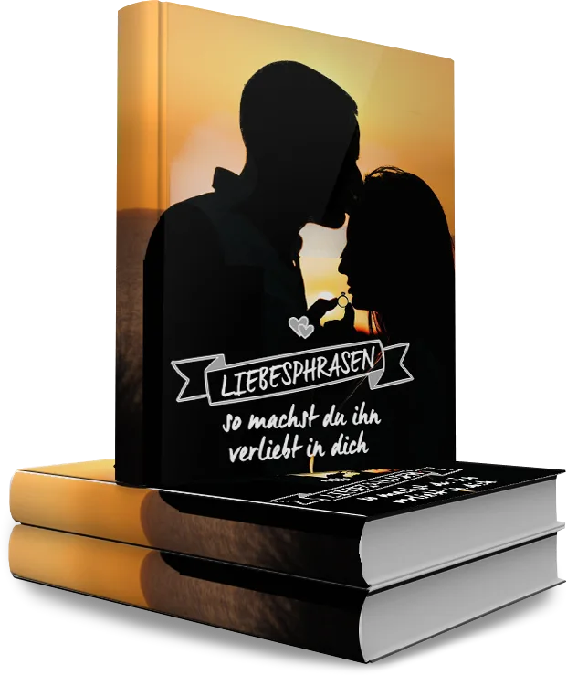 Liebesphrasen – E-Book über Flirtsätze von Darius Kamadeva 1 Liebesphrasen E-Book Hardcover-Mockup mit Paar-Silhouette bei Sonnenuntergang und Bannertitel