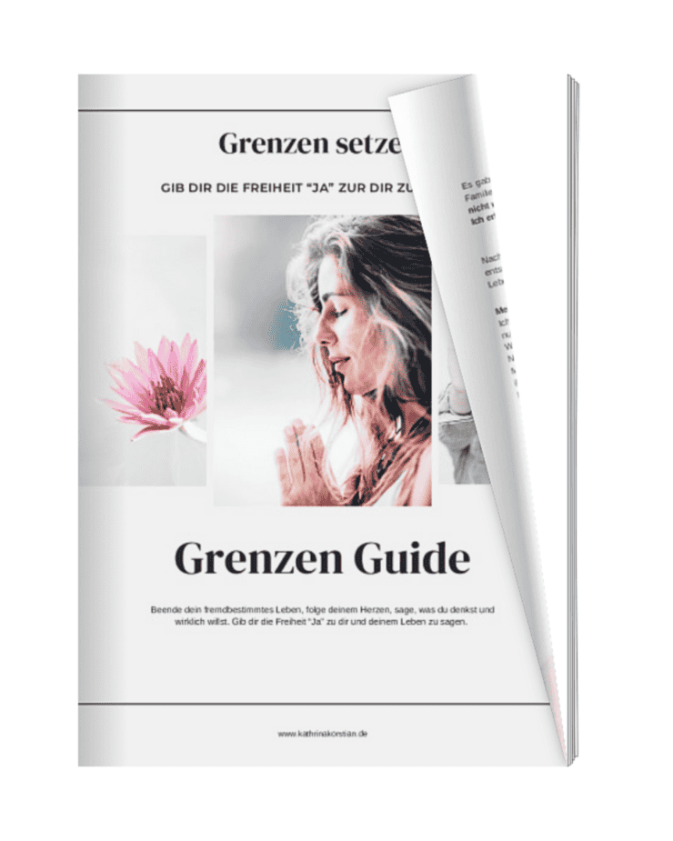 Flipbook-Mockup eines aufgeschlagenen Grenzen-Guides mit Frau und rosa Blume auf dem Cover