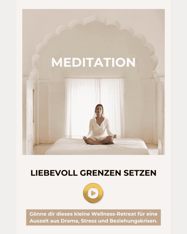 Meditationsvideo-Cover mit Frau in Lotus-Position in hellem Raum, Titel Meditation und Liebevoll Grenzen setzen