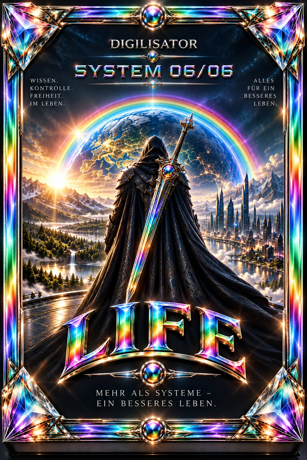 LIFE 06 – PDF-Workbook zu Entscheidungen 1 LIFE 06 Digilisator System 06/06 Cover mit schwarzem Magier, Regenbogen-Energie und futuristischer Stadt