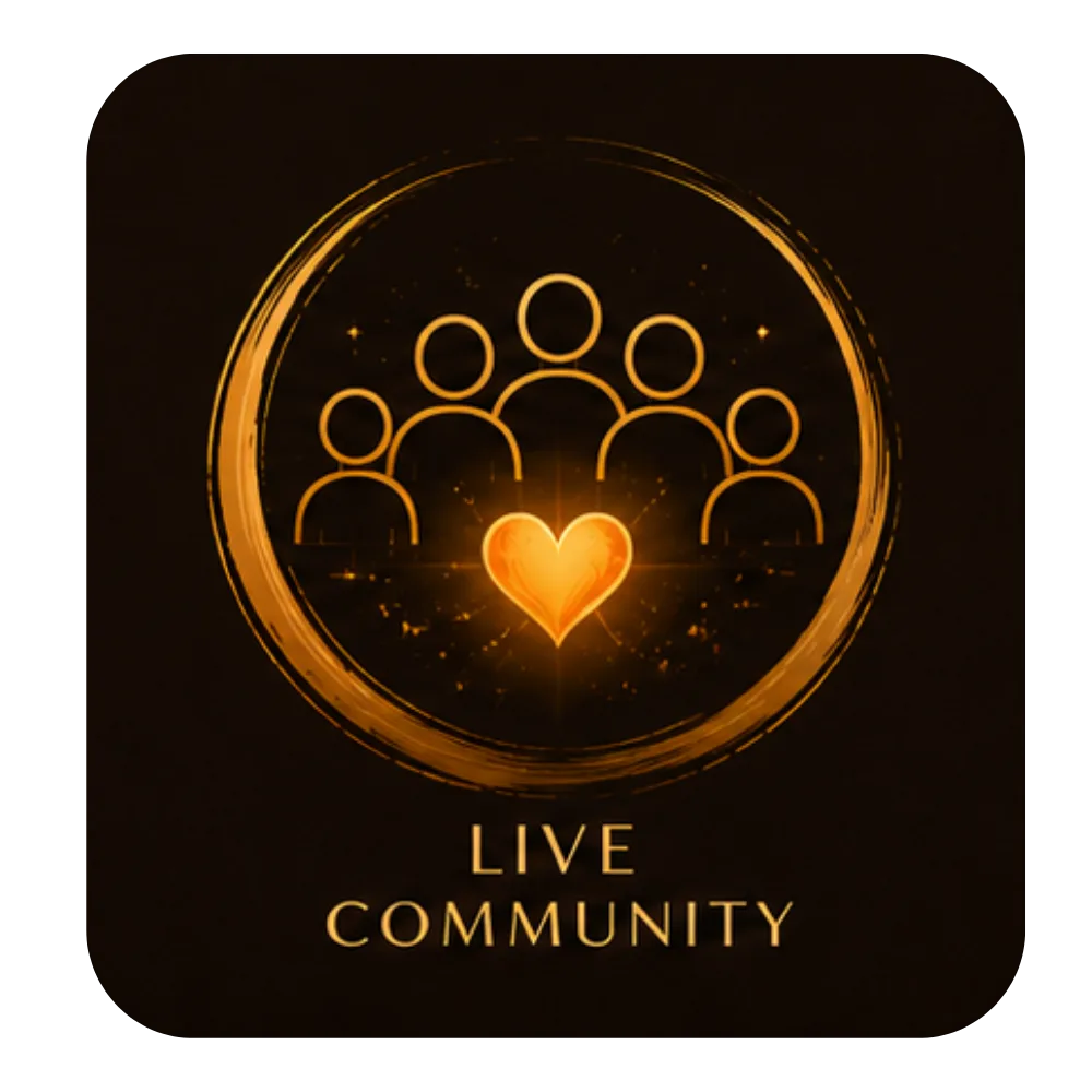 Live Community Symbol mit golden leuchtenden Personen-Silhouetten und Herz in Kreis