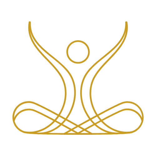Life Kompass Logo: Stilisierte Figur mit erhobenen Armen und Kopf als Kreis in Gold