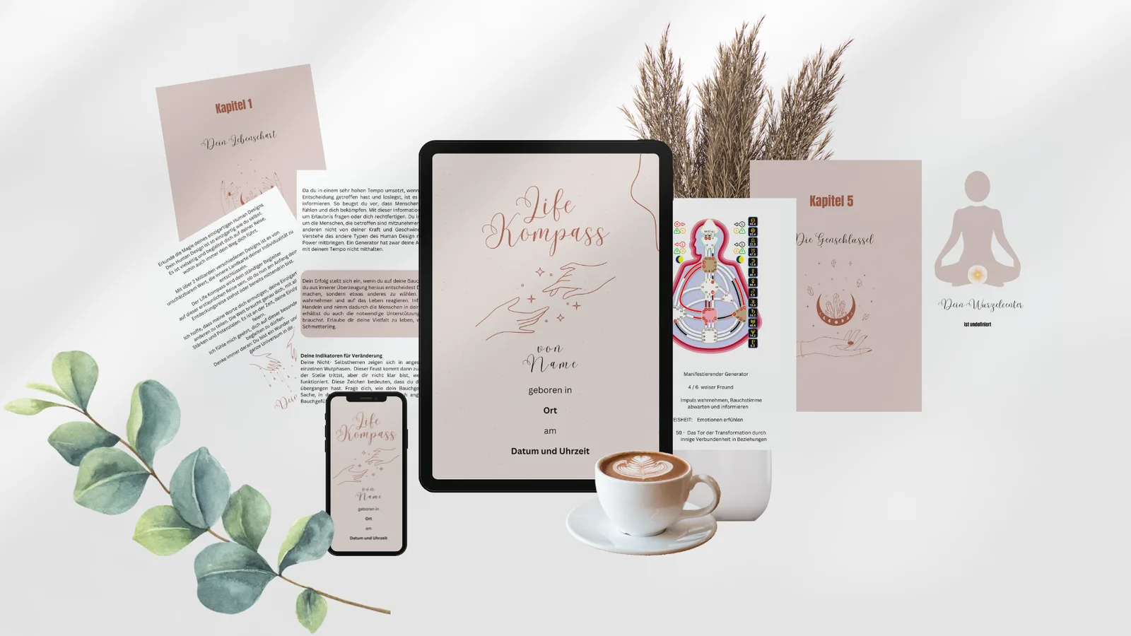 Life Kompass Persönlichkeitsprofil Präsentation auf Tablet, Smartphone und Printmaterialien mit Kaffee und Dekoration
