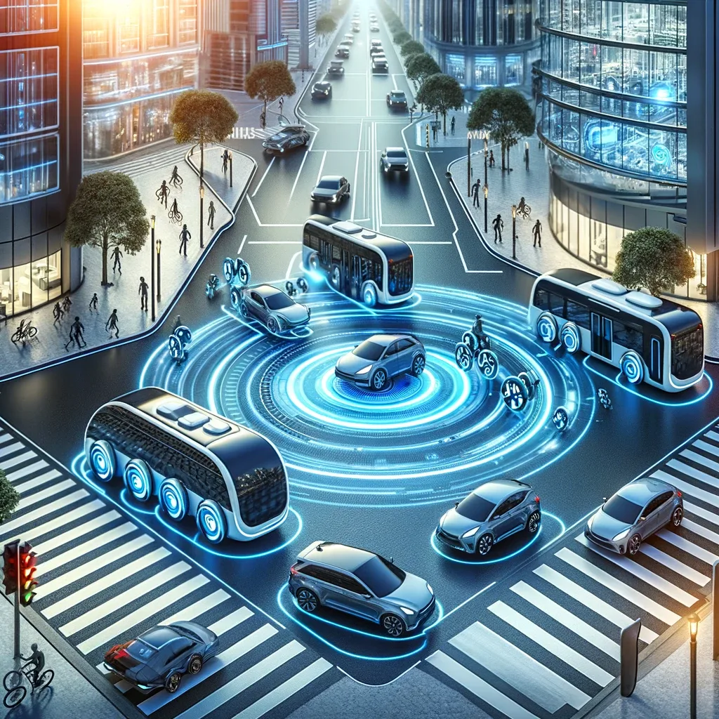 Futuristische Stadtstraße mit autonomen Fahrzeugen, digitalen Netzwerk-Icons und Hologrammen