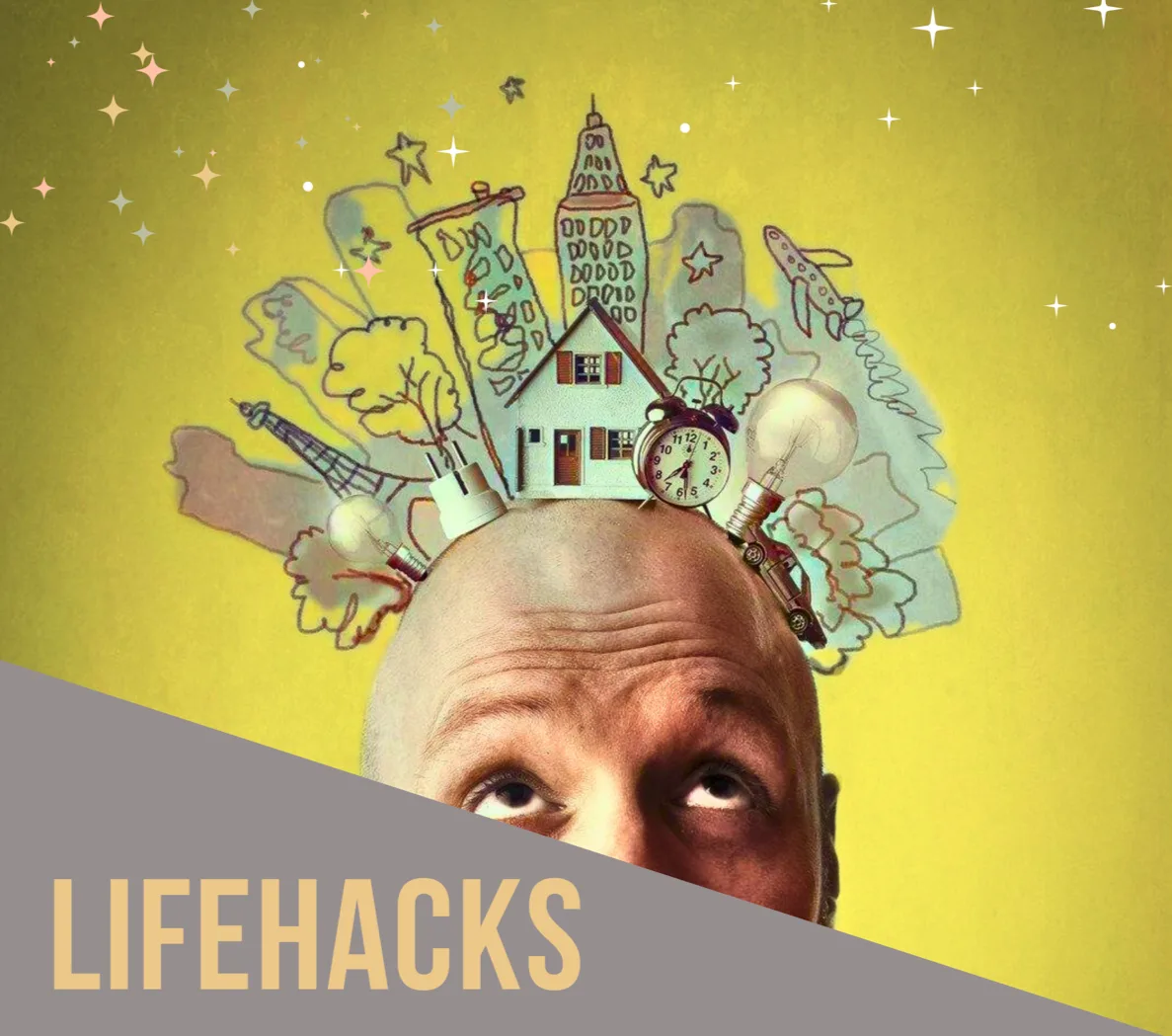 Hero-Bild für Lifehacks-Kurs mit gelbem Hintergrund, stilisiertem Kopf und Grafik-Icons