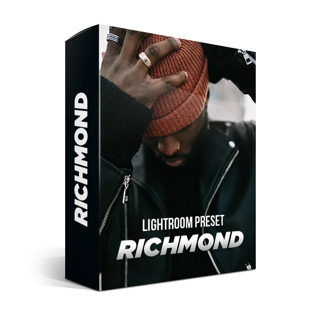 Richmond Lightroom Preset Produktbox mit Hand am roten Beanie und schwarzer Lederjacke