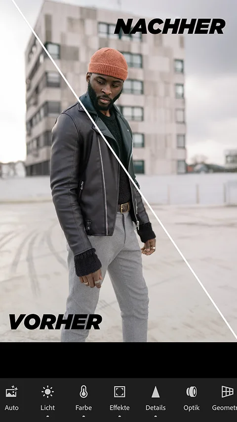 Mobile Lightroom-Oberfläche mit Bearbeitungslayout und Mann im Beanie, Vorher-Nachher Split