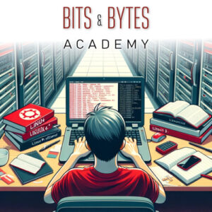 Studierende am Laptop mit Linux-Büchern und Computermonitoren, Bits & Bytes Academy Branding