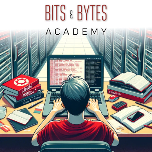Studierende am Laptop mit Linux-Büchern und Computermonitoren, Bits & Bytes Academy Branding