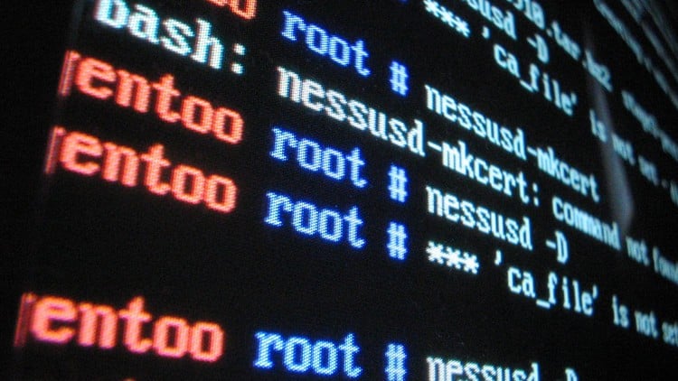 Bildschirm mit Linux Terminal-Befehlen in rotem und blauem Text