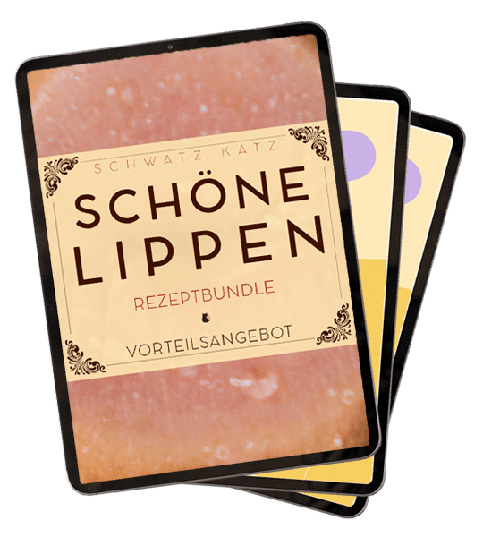 Lippenpflege Bundle »Schöne Lippen« mit 3 Rezepten von Schwatz Katz 3 Mockup von drei digitalen Rezeptkarten des Lippenpflege-Bundles auf schwarzem Hintergrund