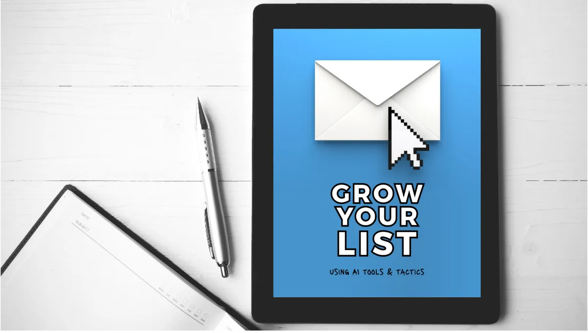 List-Building Email Guidebook Cover auf Tablet mit Stift und Notizblock