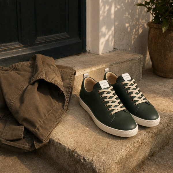 Zwei grüne Sneaker auf Steinflur neben Jeanstoff und Pflanzentopf