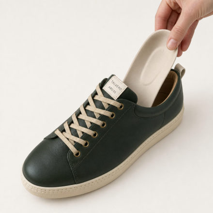Hand zieht herausnehmbare beige Innensohle aus grünem Sneaker