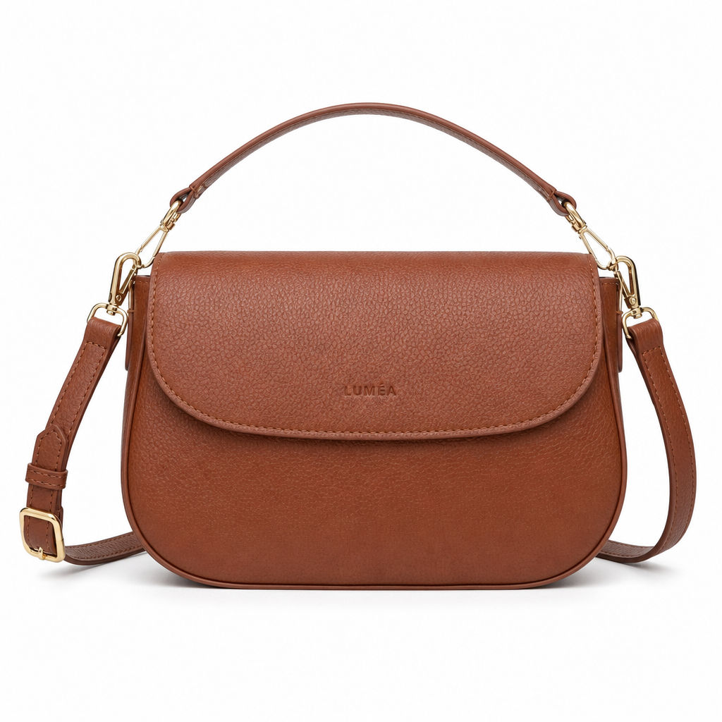 Braune Leder-Schultertasche mit Henkel und Markenlogo LUMEA