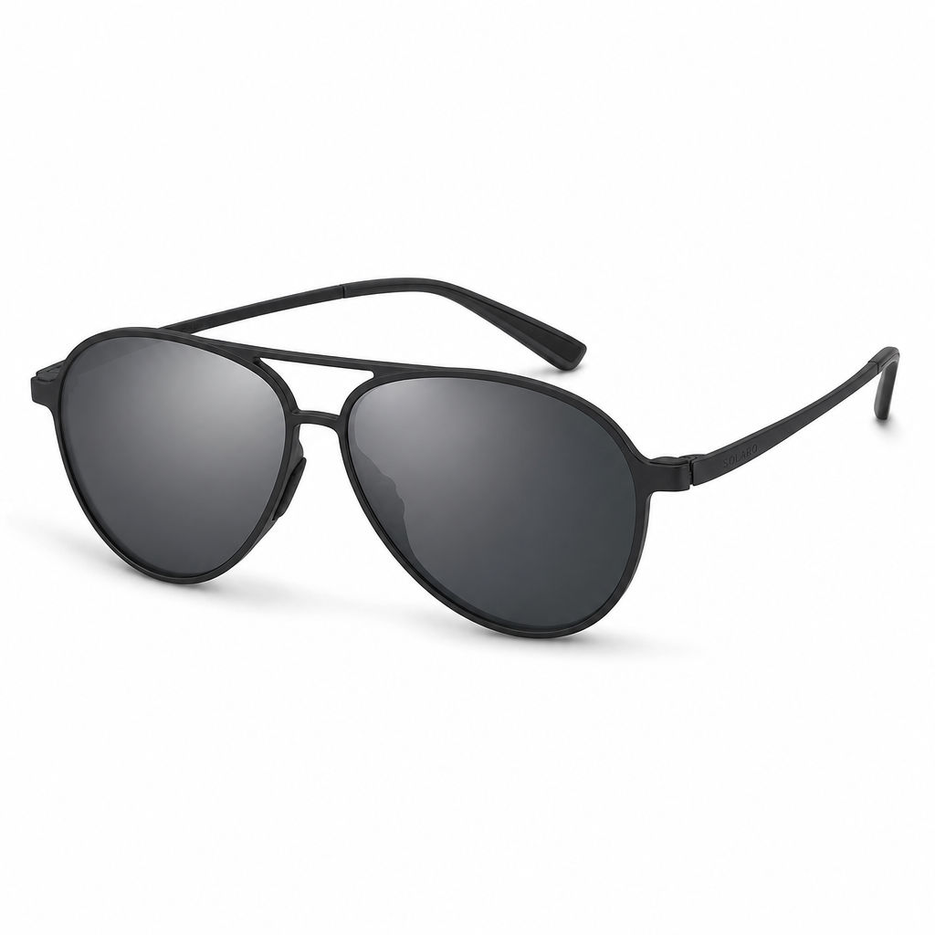 Schwarze Pilotensonnenbrille mit dunklen Gläsern und dünnem Gestell