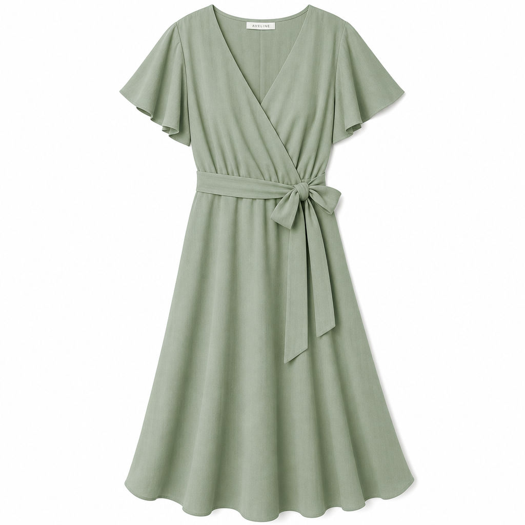 Sage grünes Wickelkleid mit kurzen Flügelärmeln und Schleifenbindung in der Taille