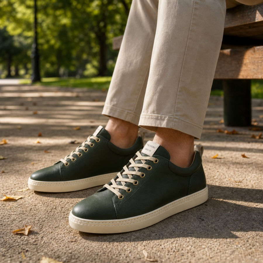 Zwei dunkelgrüne Sneaker an den Füßen einer Person mit beigefarbener Hose, getragen im Freien auf Gehweg