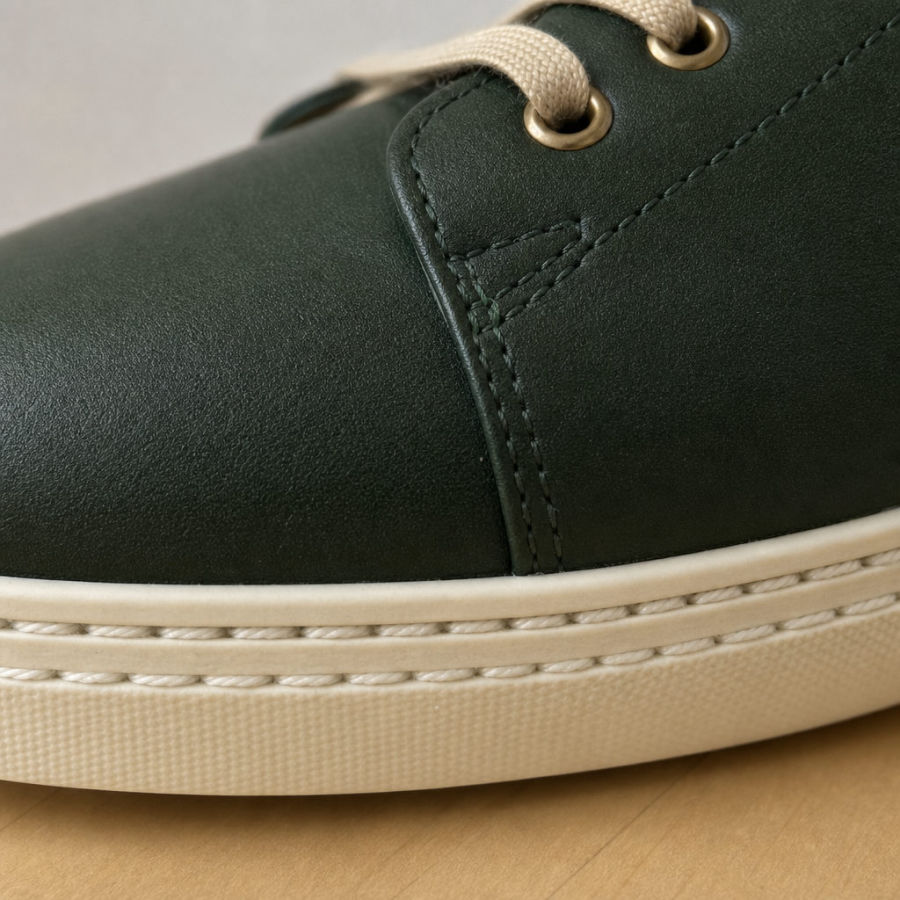 Detailaufnahme der Schnürung und Ösen eines dunkelgrünen Sneakers, Makrofotografie der Verarbeitung