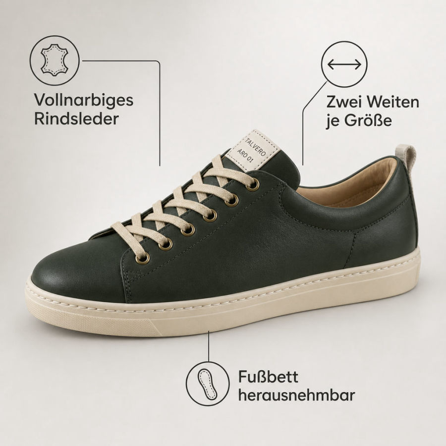 Infografik eines dunkelgrünen Sneakers mit drei Callouts: Vollnarbiges Rindsleder, Zwei Weiten je Größe, Fußbett herausnehmba