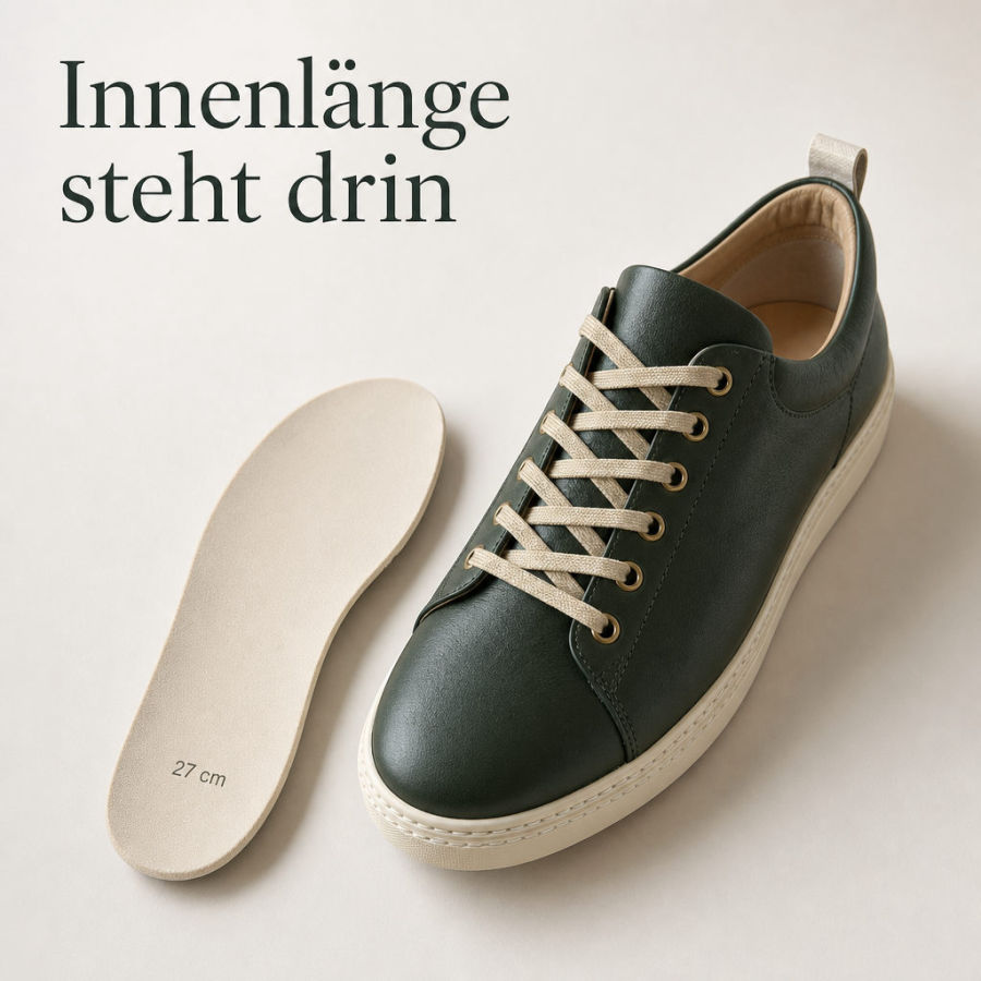Dunkelgrüner Sneaker mit separater Innensohle daneben auf Tisch, Text: Innenlänge steht drin, 27 cm