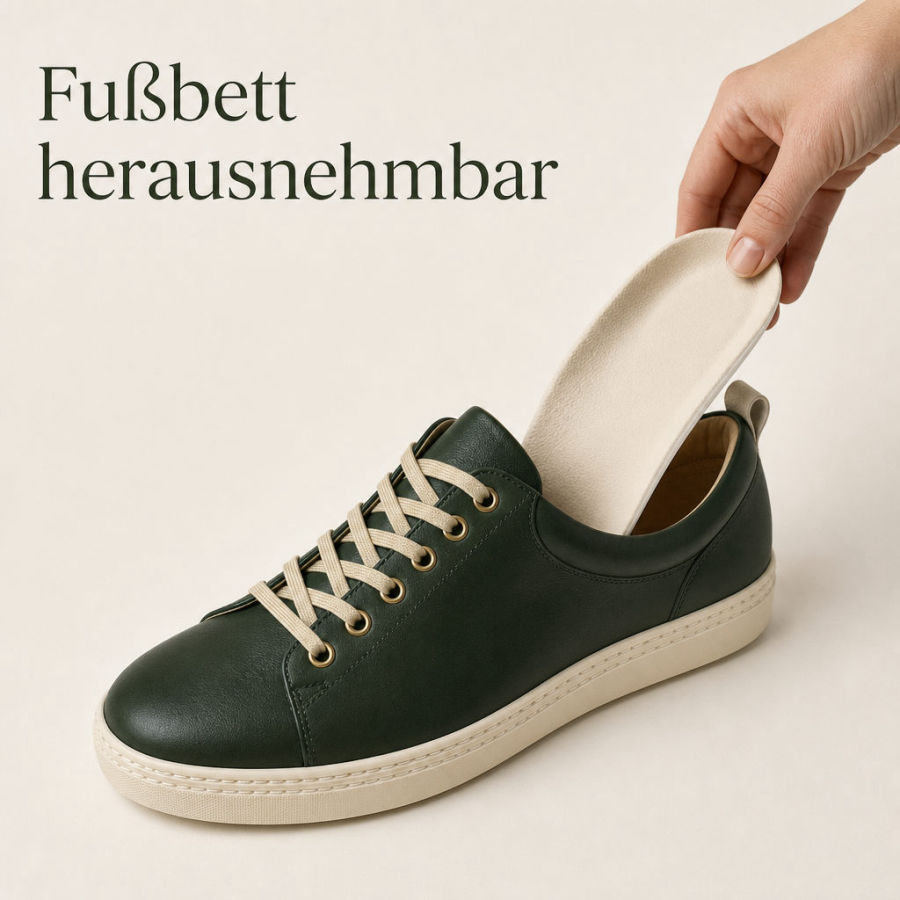 Hand hält herausnehmbare Innensohle aus grünem Sneaker, Text: Fußbett herausnehmbar