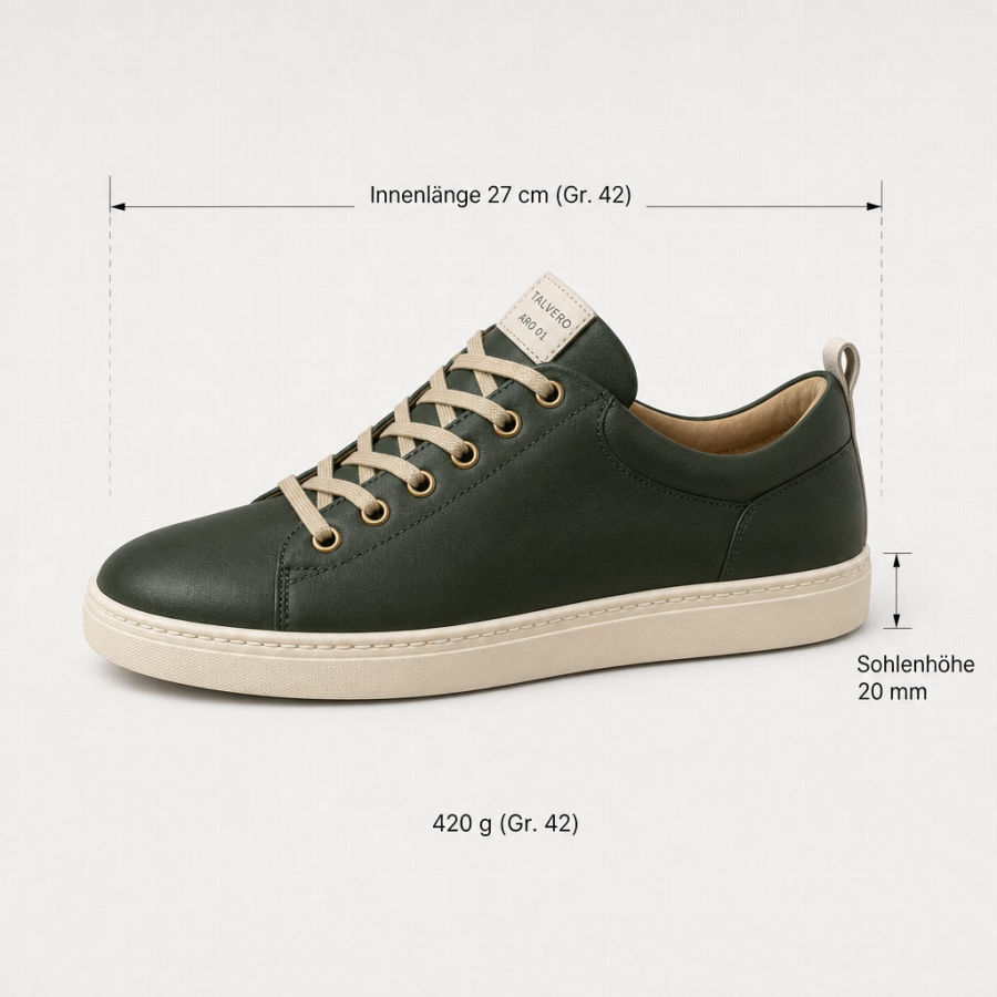 Grüner Sneaker mit Messskala: Innenlänge 27 cm (Gr. 42), Sohlenhöhe 20 mm, Gewicht 420 g