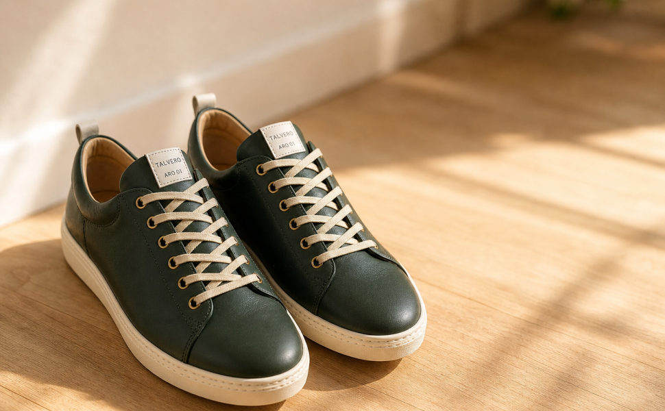 Zwei dunkelgrüne Leder-Sneaker mit weißer Sohle und beigefarbenen Schnürsenkeln auf hellem Holzboden