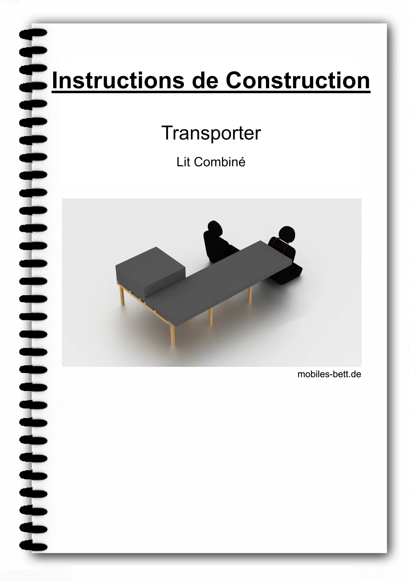 Deckblatt Bauanleitung mit Spiralbindung, Transporter Kombibett, mobiles-bett.de, 3D-Bettmodell