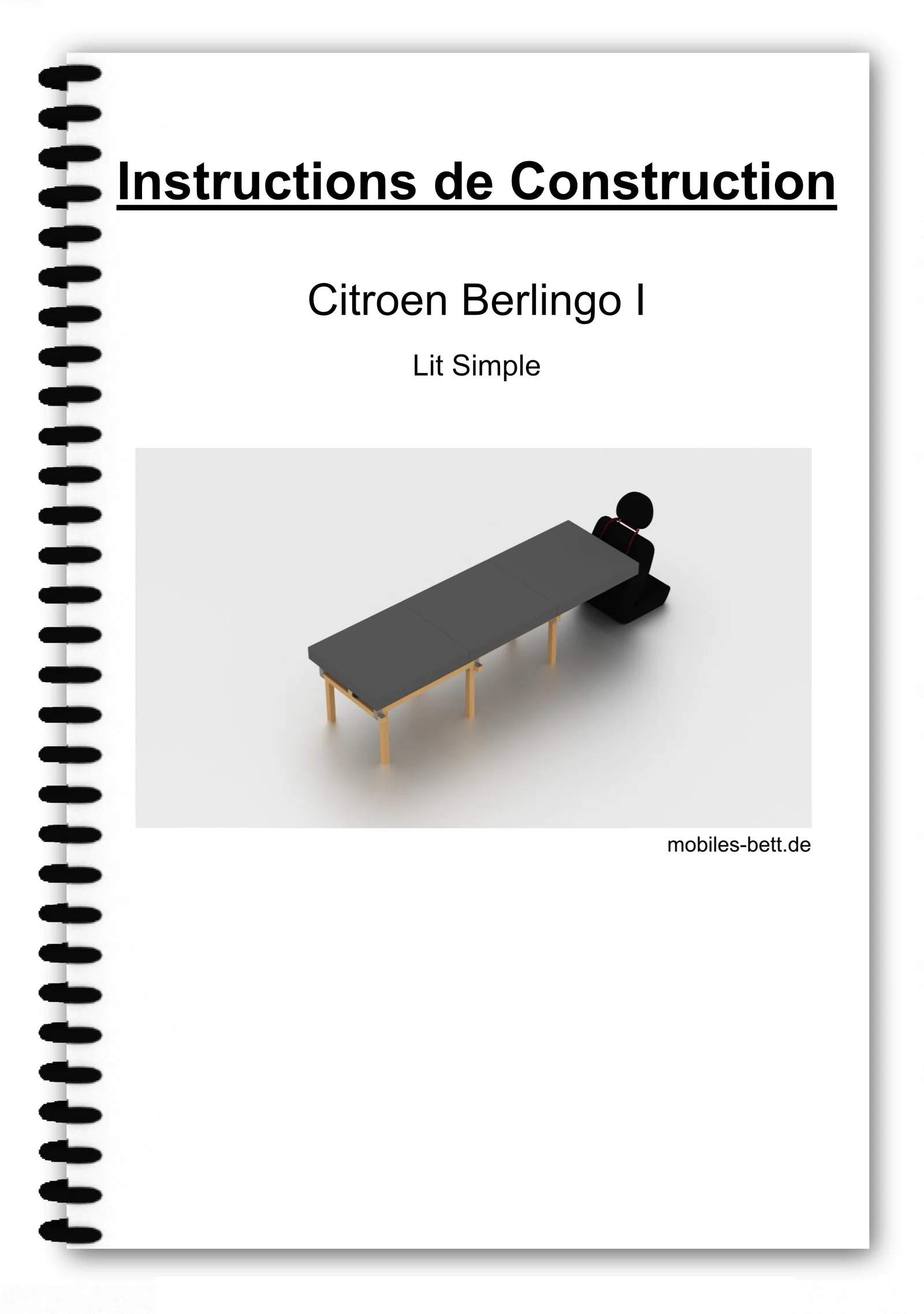 Titelseite Bauanleitung Citroën Berlingo I Einzelbett mit schwarzer Spiralbindung und 3D-Bettdarstellung