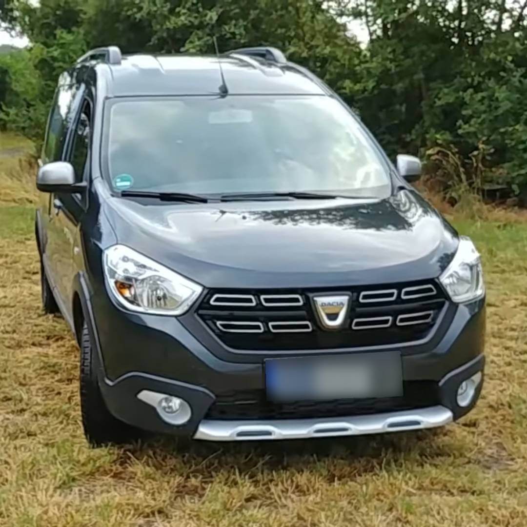 Dacia Dokker grauer Kleinwagen von vorne in naturgrüner Umgebung