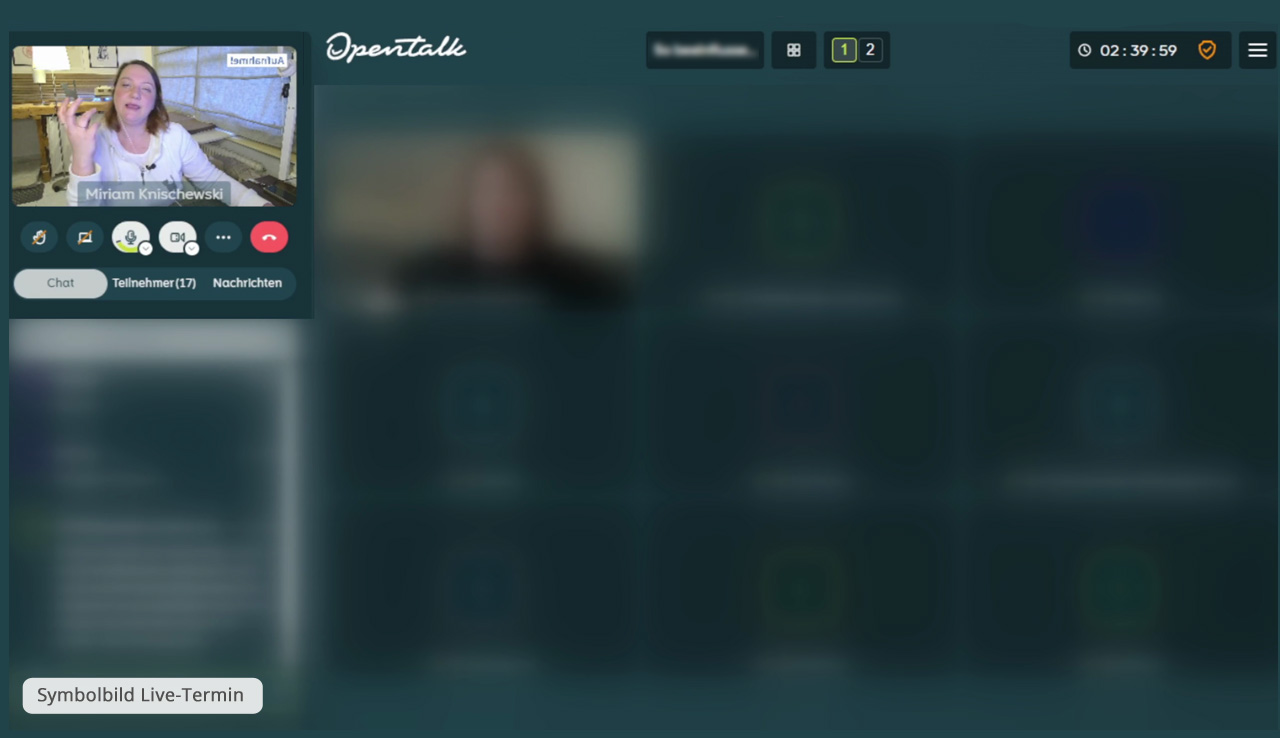 OpenTalk Konferenzsystem mit Miriam Knischewski als Teilnehmerin, Chat und Steuerungselementen