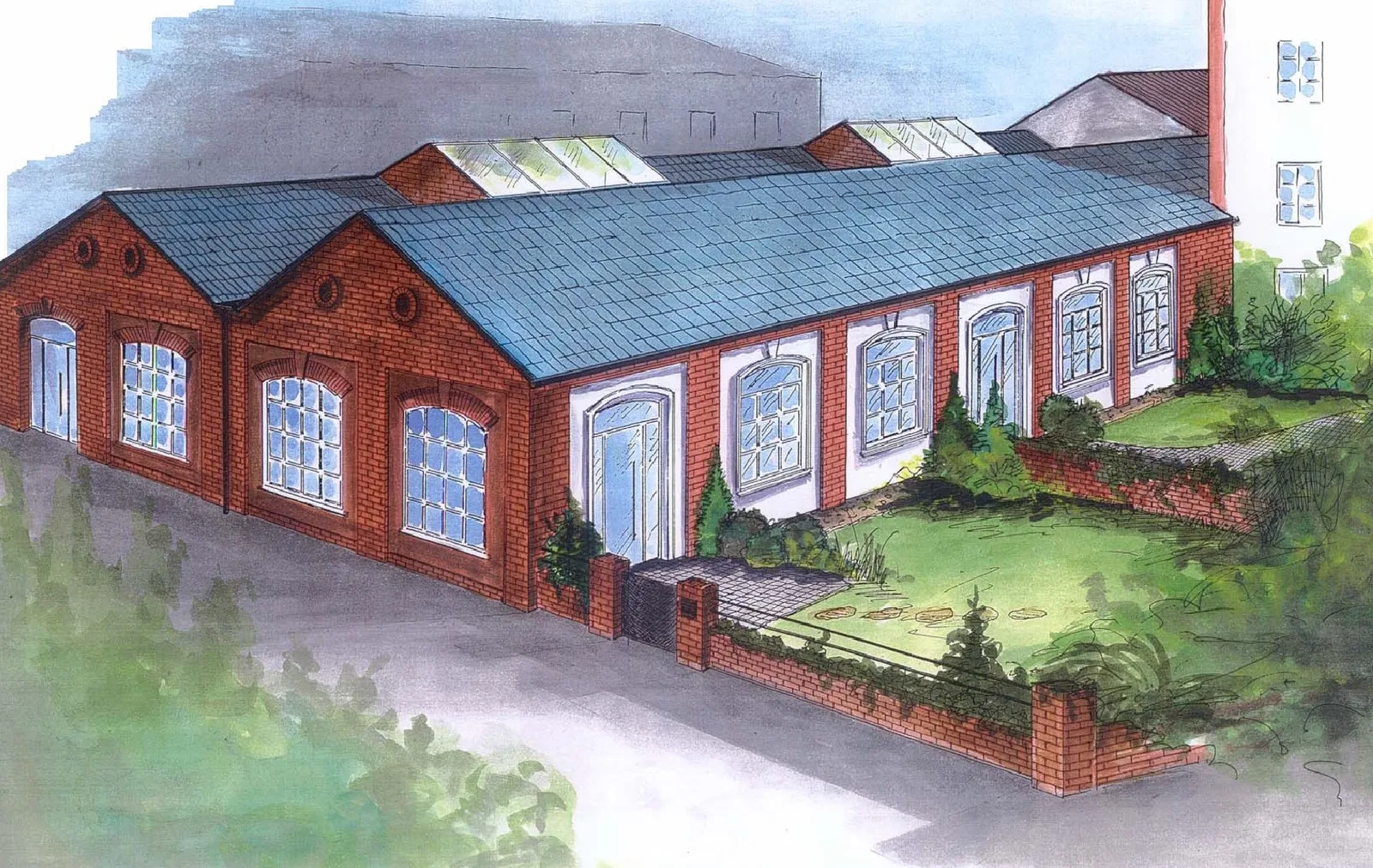 Architektur-Rendering renoviertes Backsteingebäude mit großen Fenstern und Dachfenstern