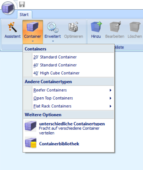 Load! Menü zur Auswahl von Containertypen mit Standard Containern und Spezialcontainern