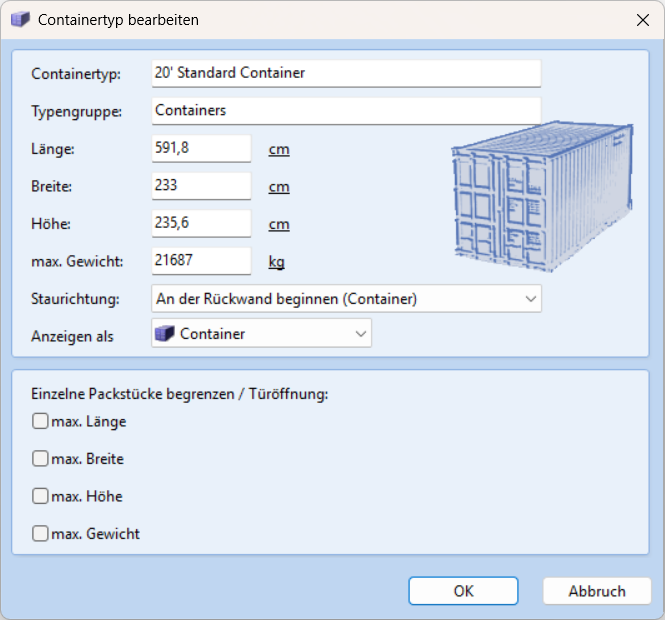 Load! Dialog zur Bearbeitung von Containertyp-Definitionen mit Maßeingabe und Visualisierung