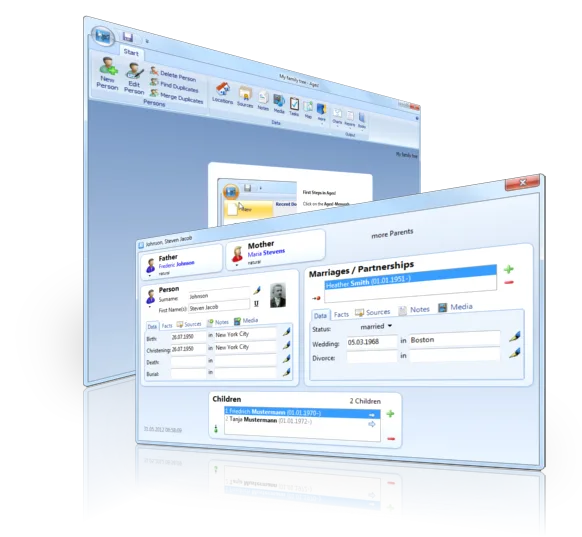 Datenbank-Software mit 3D-Perspektive zeigt Verwaltungsinterfaces für Personen, Partnerschaften und Familiendaten