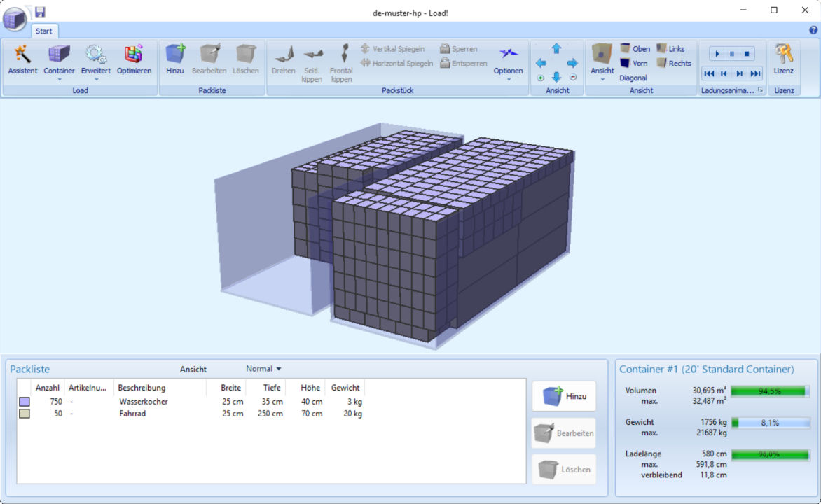 Load! Hauptbildschirm mit 3D-Laderaumoptimierung, Containerübersicht und Packlistentabelle