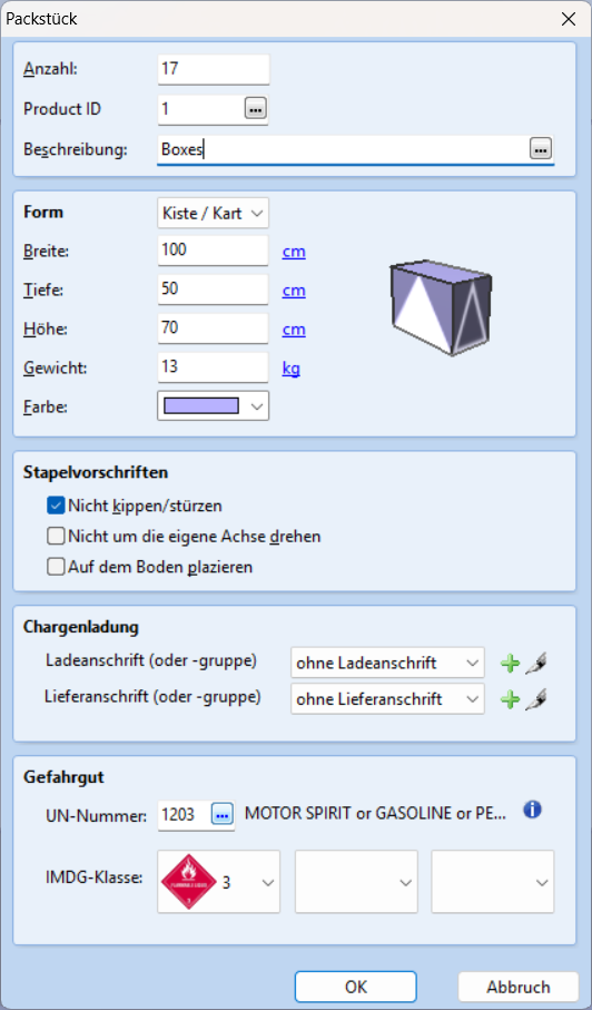 Load! Eingabedialog für Packstücke mit Maßen, Gewicht, Stapelvorschriften, Gefahrgutkennzeichnung und 3D-Vorschau
