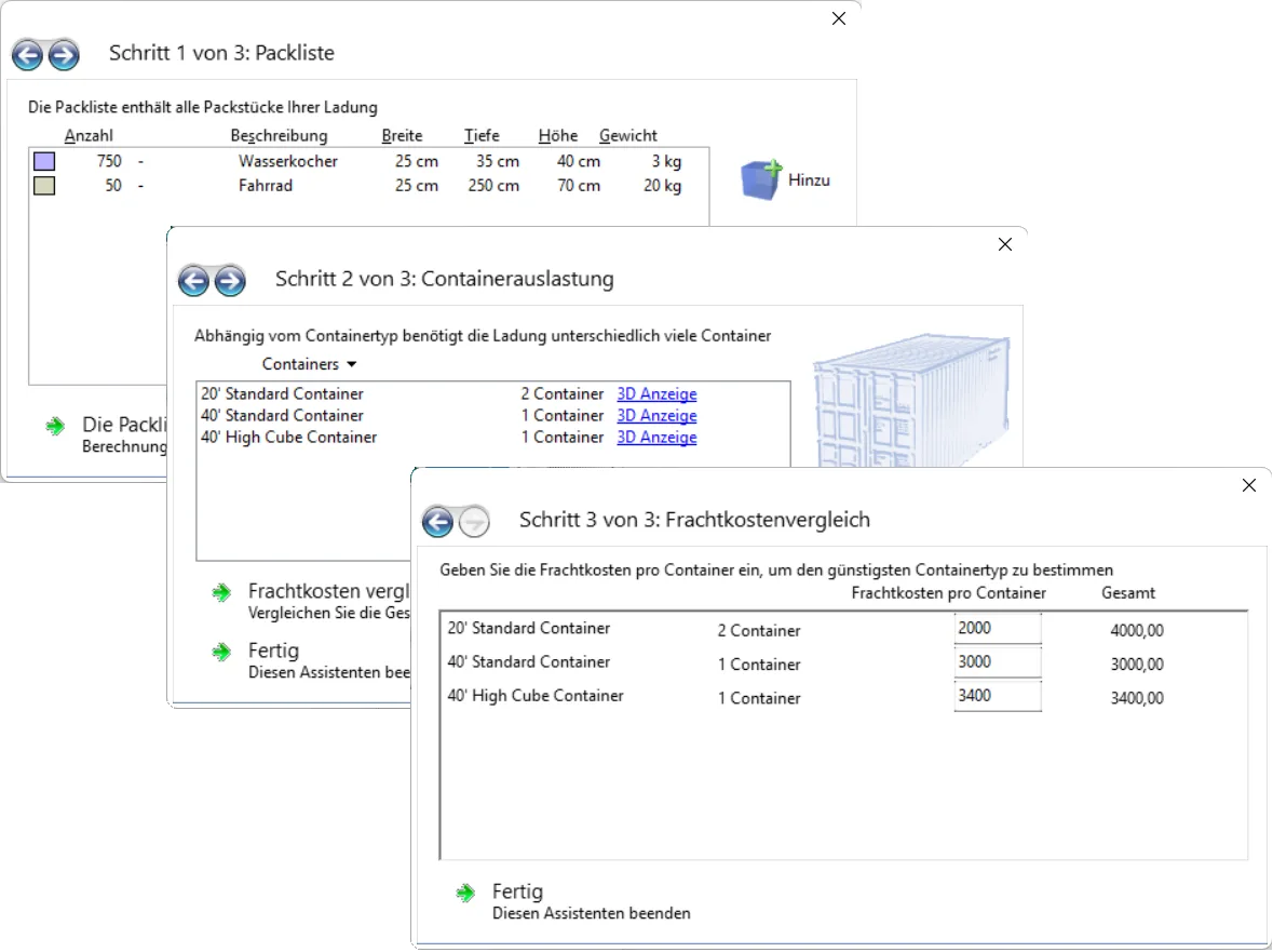 Load! Assistent Schritt 1-3 mit Packliste, Containerauslastung und Frachtvergleich